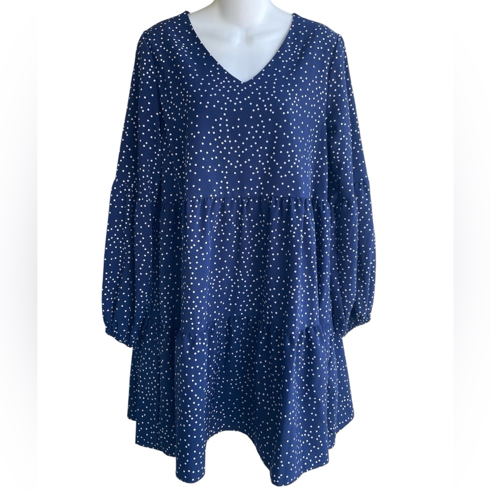 Navy Blue White Dot Tiered Flowy Dress Long Balloon Sleeves Unbranded Woman's M